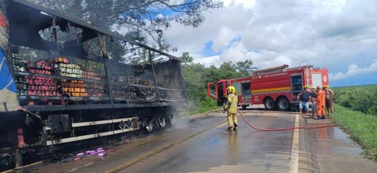 Caminhao que vinha de Mato Grosso pega fogo na BR